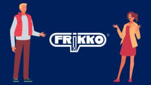dibujo de hombre y mujer presentando logo de Frikko